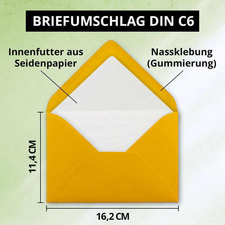 200 Briefumschläge Goldgelb (Gelb, Matt) - DIN C6 - gefüttert mit weissem Seidenpapier - 100 g/m² -