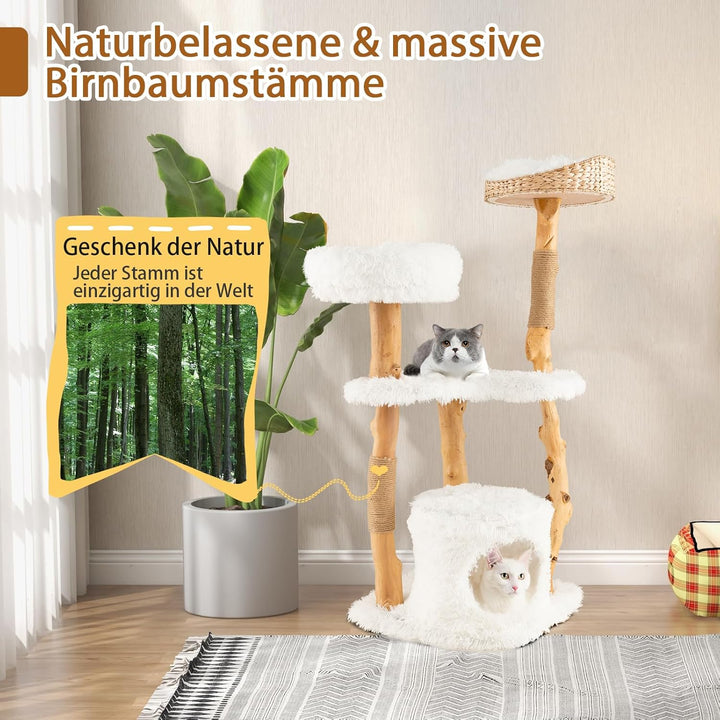 SOARS Kratzbaum Holz, Katzenbaum mit 3 natürlichen Birnbaumstämmen, Katzenhöhle & Plüschflächen, Kat