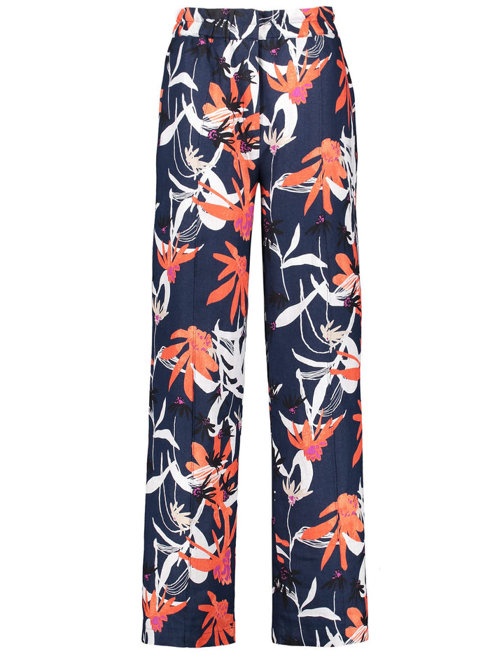 Gerry Weber Damen Gemusterte Leinenhose mit weitem Bein floral, Gemustert reguläre Länge 46 Blau/Rot