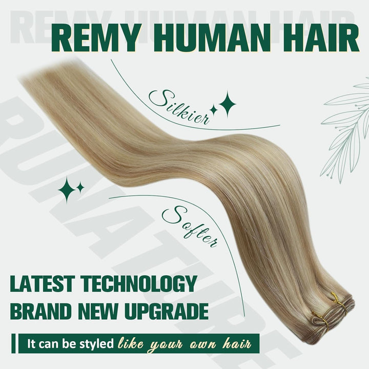 RUNATURE Echthaar Tressen Extensions Aschblond mit Platinblond Sew in Weft Extensions Remy Blond Tre