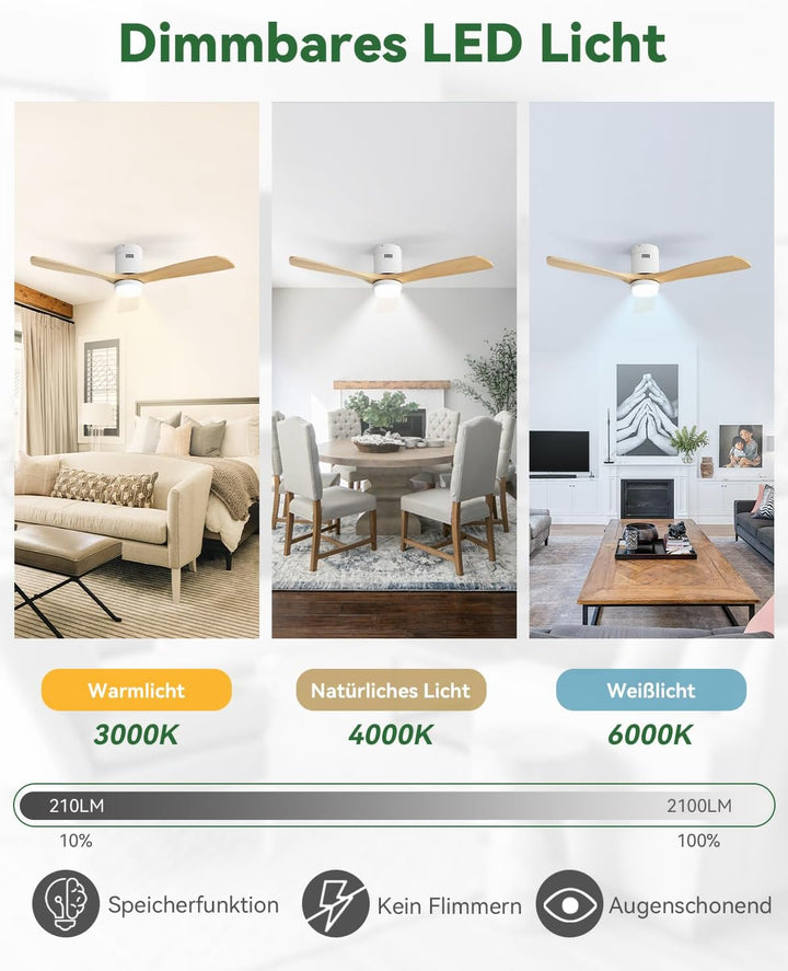 Sofucor Deckenventilator mit Beleuchtung, Deckenventilatorleuchte mit Licht, Fernbedienung, 3 Holzlü