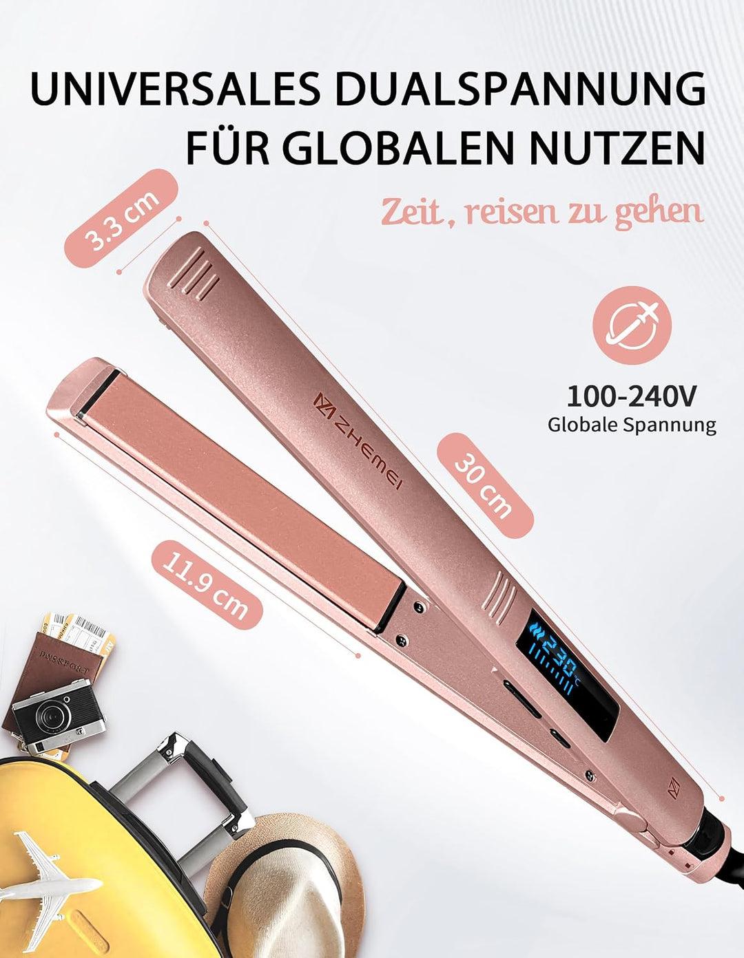 Glätteisen, Haarglätter &amp; Reisebügeleisen – 1Zoll Keramik Ionen LED 6Temp 130‑230°C DualVolt (110‑24