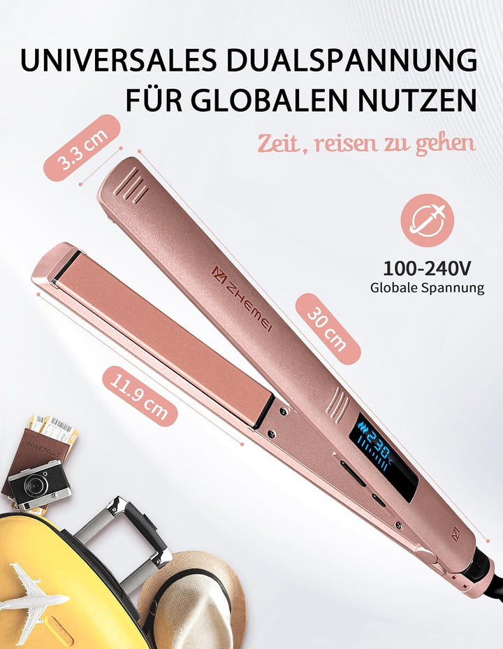 Glätteisen, Haarglätter &amp; Reisebügeleisen – 1Zoll Keramik Ionen LED 6Temp 130‑230°C DualVolt (110‑24