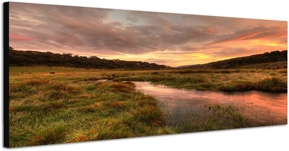 Paul Sinus Art Panoramabild auf Leinwand und Keilrahmen 150x50cm Morgengrauen Landschaft Wiese Bach