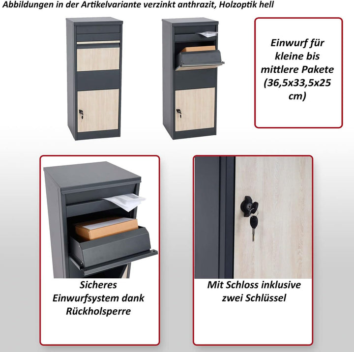 Paketkasten HWC-G80, Paketbox Standbriefkasten Briefkasten Grösse L - verzinkt anthrazit, Holzoptik