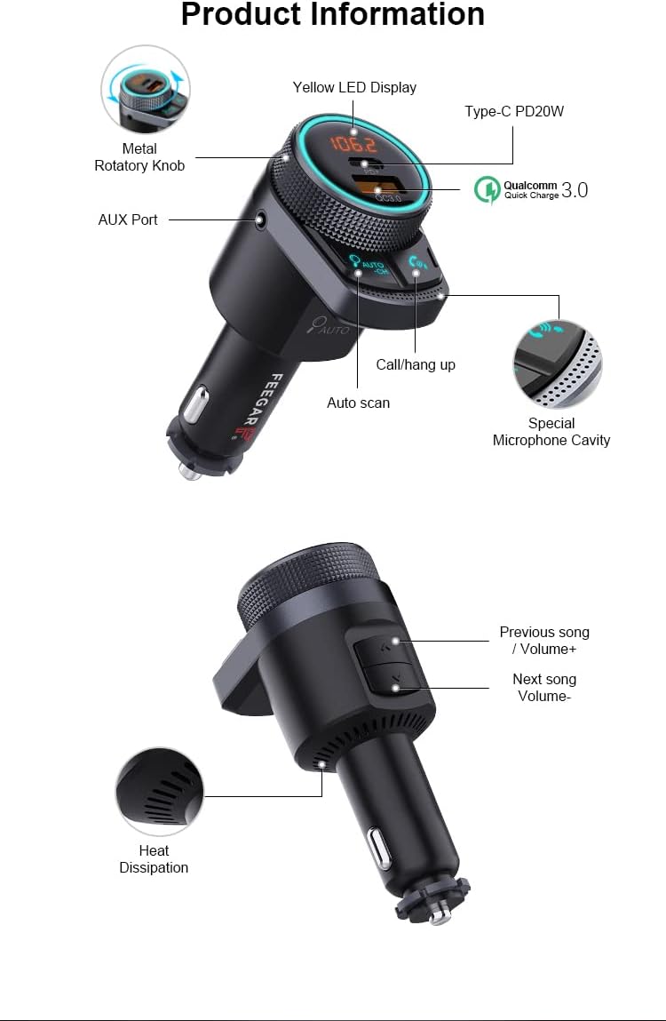Feegar Q300 Pro FM Transmitter Bluetooth Stereo AUX Auto-Search QC3.0 PD 38W Auto Ladegerät USB HD M