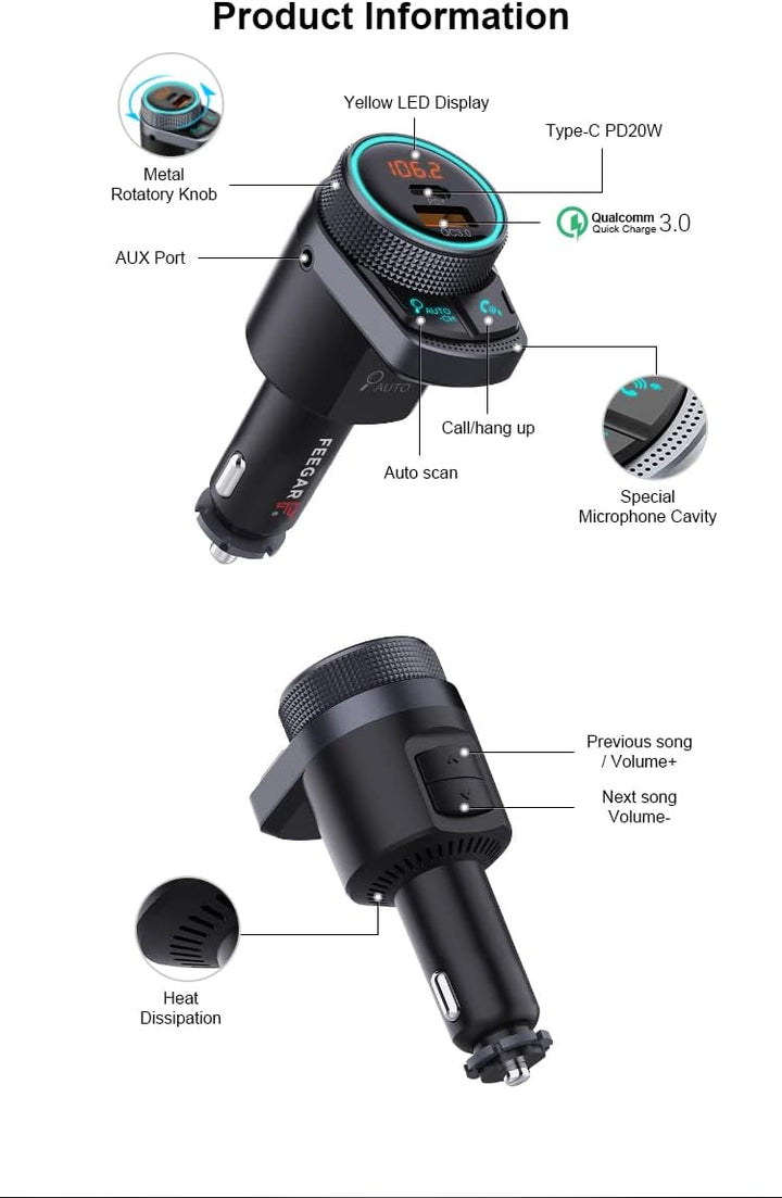Feegar Q300 Pro FM Transmitter Bluetooth Stereo AUX Auto-Search QC3.0 PD 38W Auto Ladegerät USB HD M