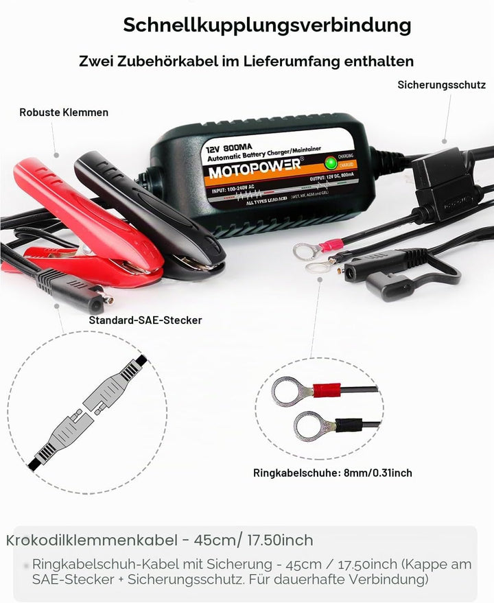 MOTOPOWER MP00205C 12V 800mA Automatisches Ladegerät/Maintainer für Autos, Motorräder, ATVs, Wohnmob