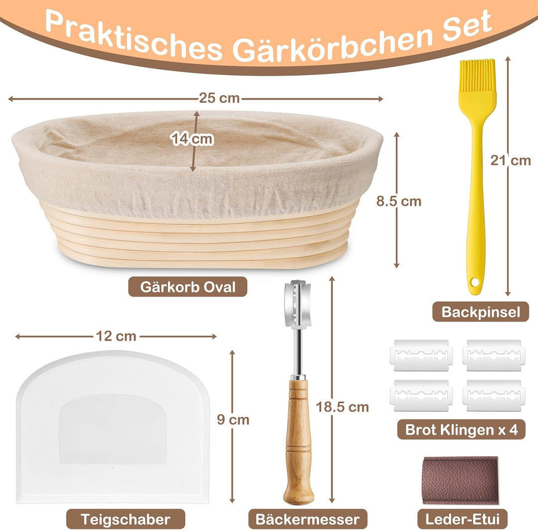 HaWare Gärkörbchen, 25cm Gärkorb Oval Brot Set mit Futter, Bäckermesser, Teigschaber und Backpinsel,