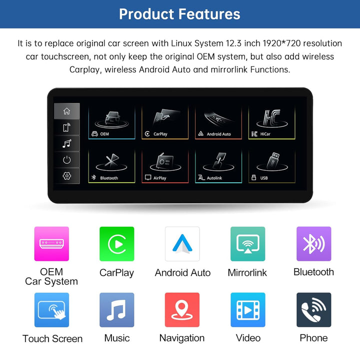 Road Top 12,3 Zoll Autoradio Drahtlos CarPlay Touchscreen für Audi Q5 2009-2017 Jahr mit 3GMMI, Auto