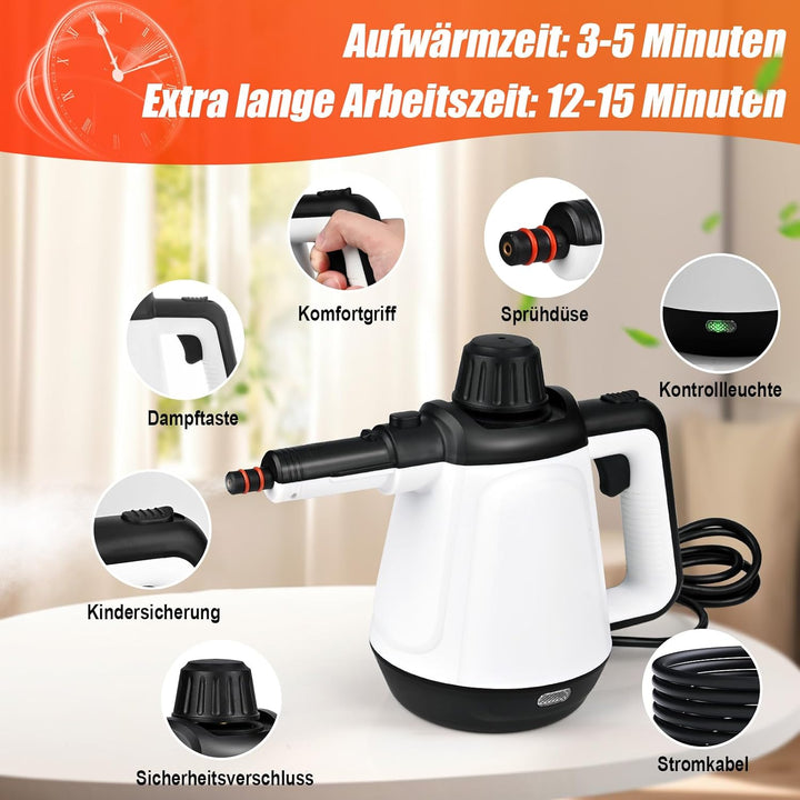Dampfreiniger Boden 430ml, 1200W 3,5 Bar Dampfreiniger für Alles mit 9 Zubehör, Hochdruck-Dampfreini