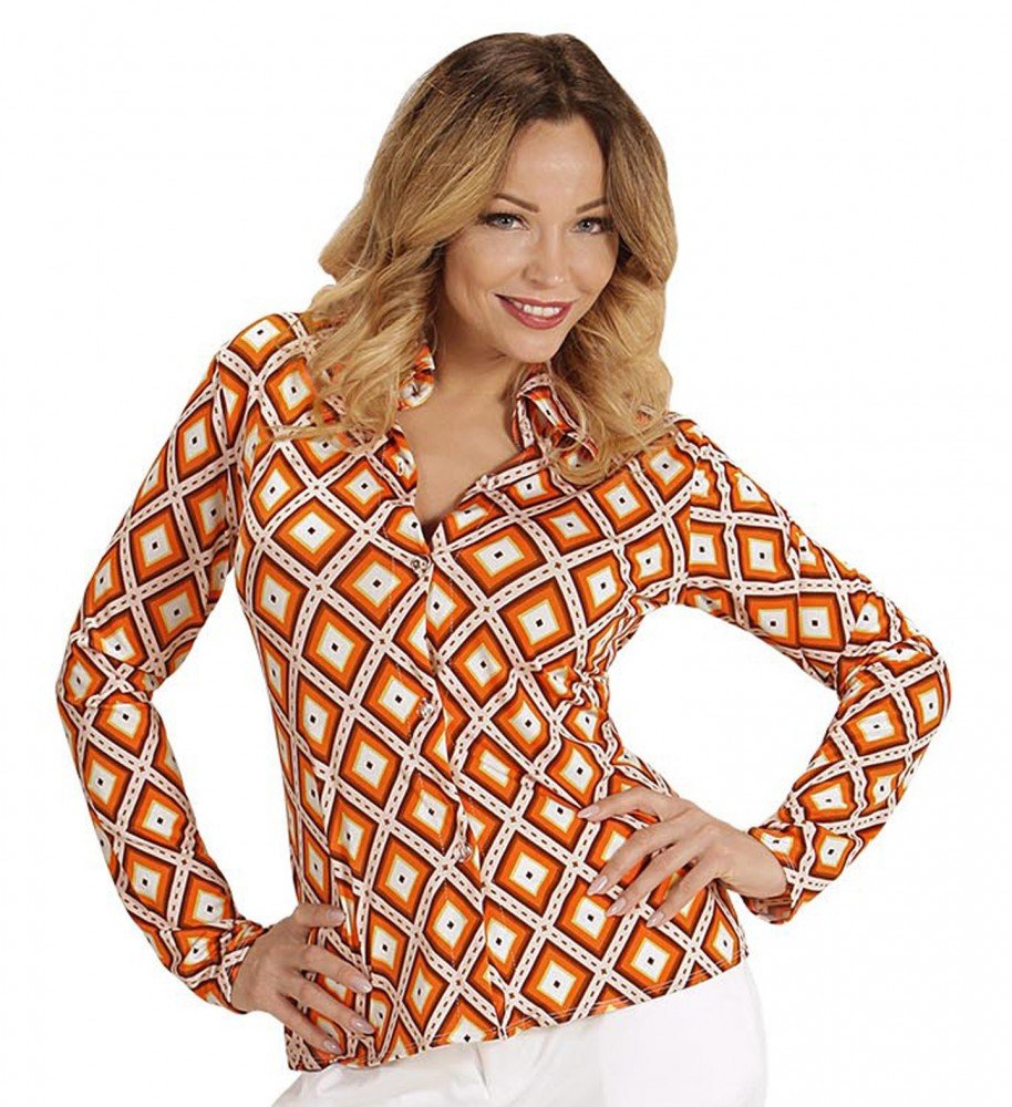 70er Jahre Retro Damen Bluse mit und ohne Muster Disco Kostüm Siebziger Oberteil Shirt L-XL Orange/G