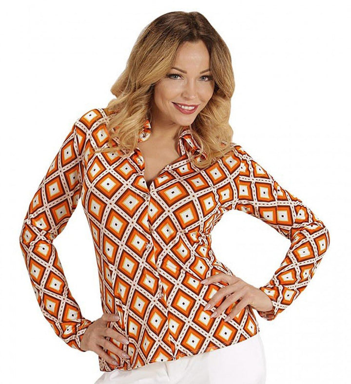 70er Jahre Retro Damen Bluse mit und ohne Muster Disco Kostüm Siebziger Oberteil Shirt L-XL Orange/G