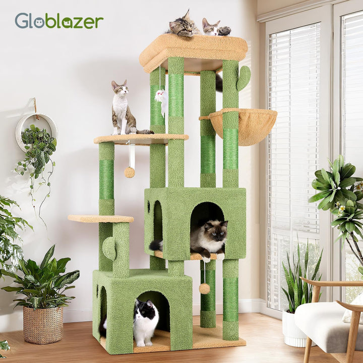 Globlazer Kratzbaum Grün Kaktus für 3-5 Grosse Katzen 156 cm mit 2 Extragross Katzenhaus 45 * 40 * 3
