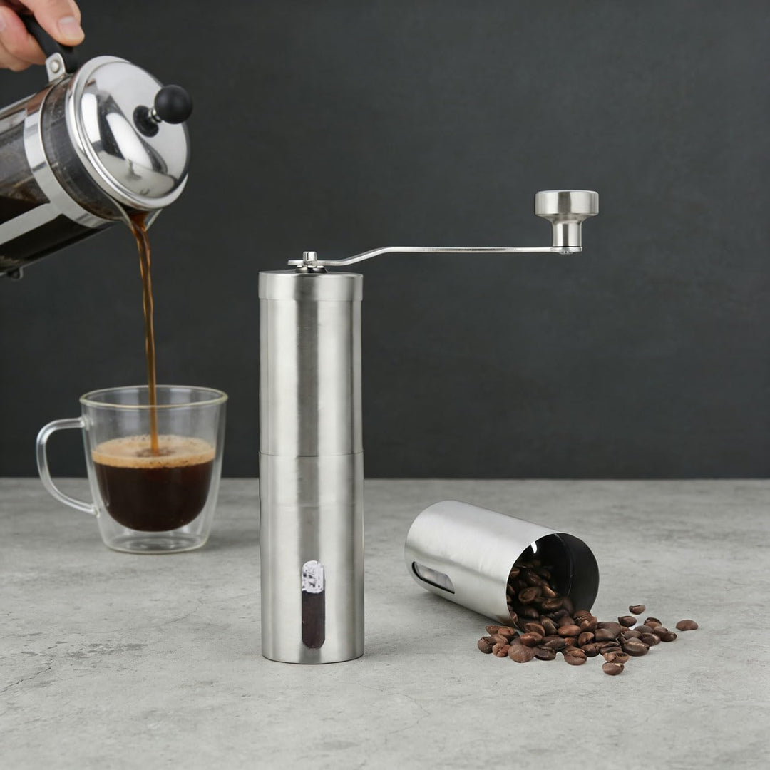 ideoon Robuste Handkaffeemühle Edelstahl mit Keramikmahlwerk, stufenlose Mahlgrad-Einstellung, abneh