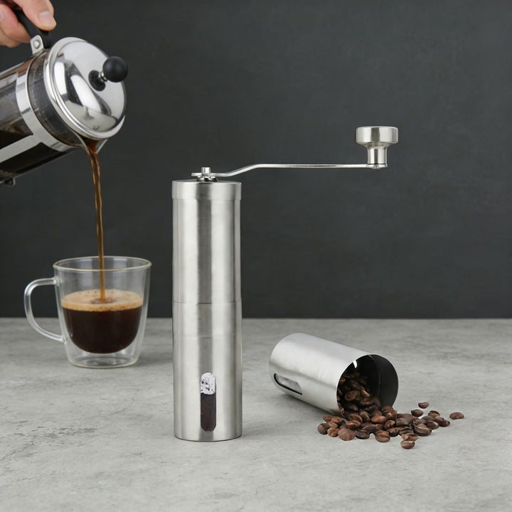 ideoon Robuste Handkaffeemühle Edelstahl mit Keramikmahlwerk, stufenlose Mahlgrad-Einstellung, abneh