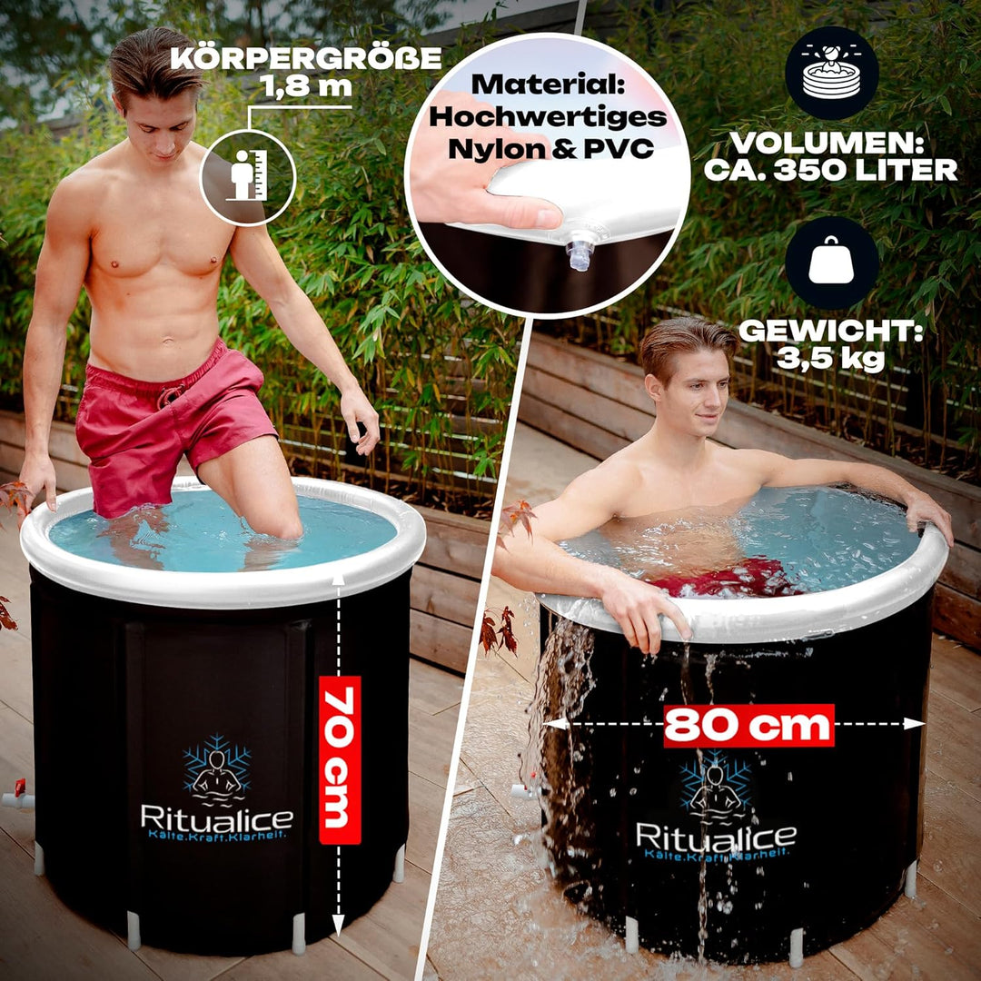 Ritualice® Eisbad (80 cm Ø) XL Komplettset - TESTSIEGER - Eistonne Set mit Deckel, Stoffbezug und XL