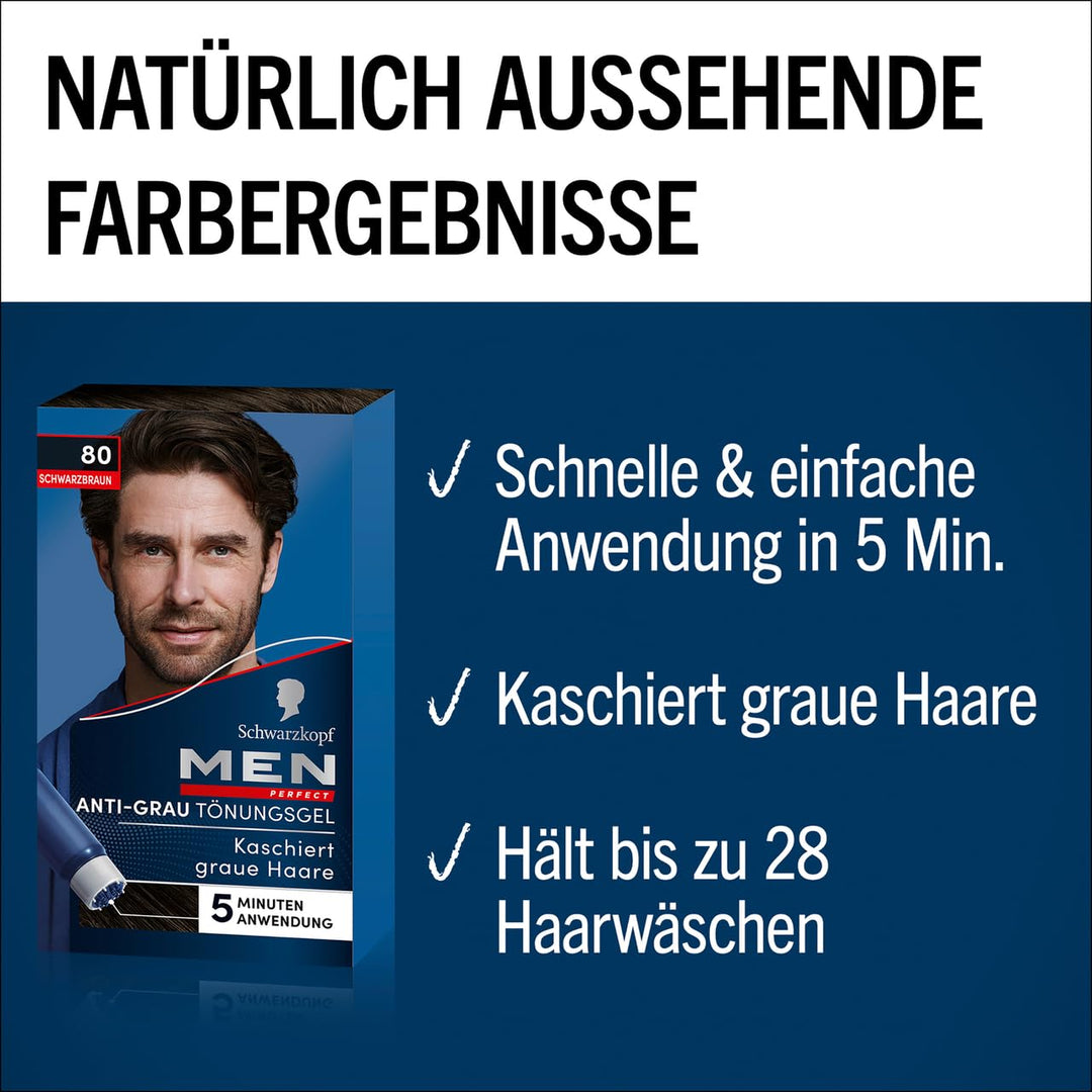 Schwarzkopf Men Perfect Anti-Grau Tönungs-Gel 80 Schwarzbraun (80 ml), Haarfarbe für Männer blendet