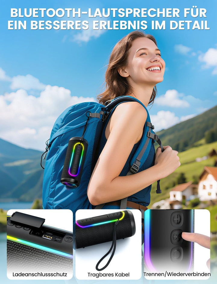 Bluetooth Lautsprecher 30W Dual-Lautsprecher Kräftiger Bass Bluetooth 5.4 IPX5 Wasserdicht 30 Stunde