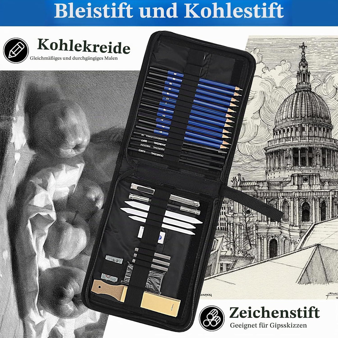33 Stück Zeichen Set - Zeichen und Skizzier Set mit Skizzierstiften, Graphitstiften und Holzkohlesti