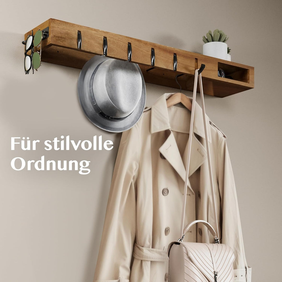 Wandgarderobe Holz – 4in1 Garderobe mit Ablage, Kleiderstangen, Kleiderhaken & Brillenhalter – 100cm