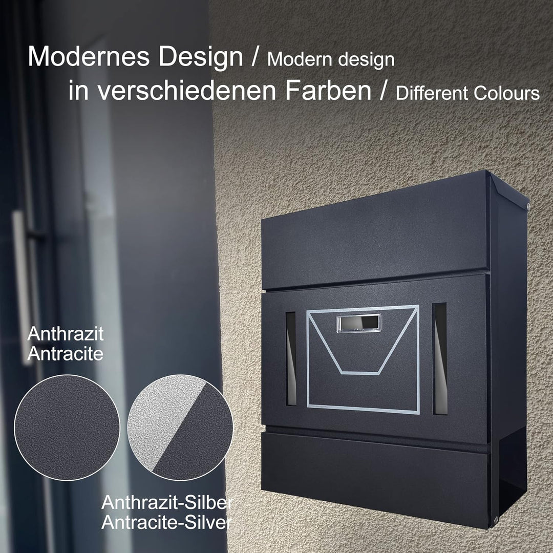 TÄGA 2220B Briefkasten anthrazit mit Zeitungsfach, Sichtfenster, Namensschild I DIN A4 Einwurf I ver