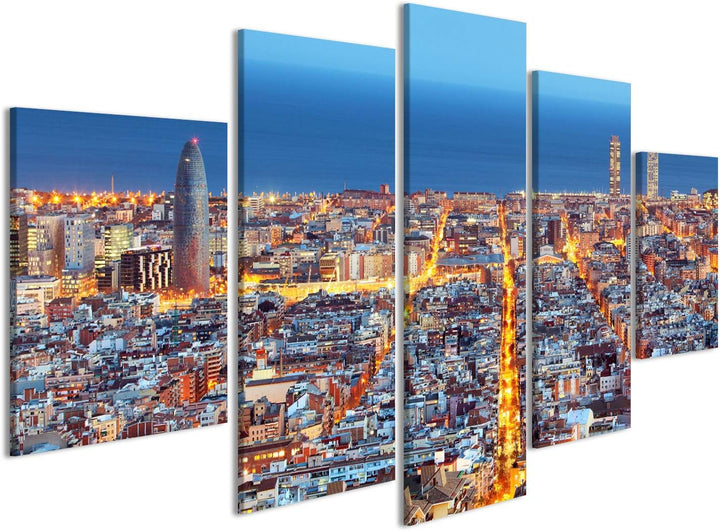 islandburner, Bild auf Leinwand Skyline von Barcelona, Luftaufnahme bei Nacht, Spanien Wandbild Post
