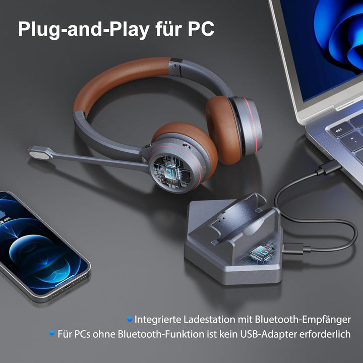 Bluetooth Headset mit Mikrofon, Wireless Headset mit Ladestation & USB Dongle für PC, 40 Stunden Spr