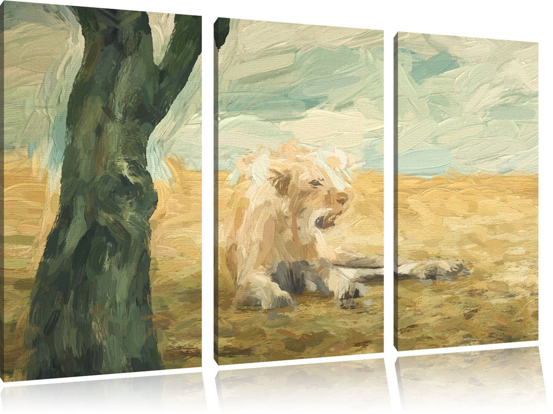 Pixxprint Löwin Ruhe Savanne Kunst Pinsel Effekt 3-Teiler Leinwandbild 120x80 Bild auf Leinwand