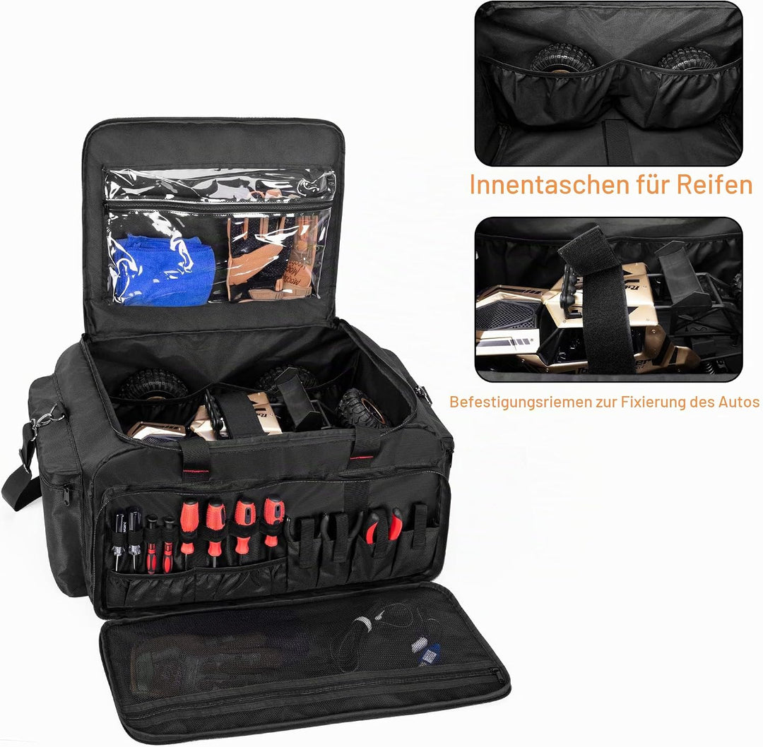 DSLEAF RC Aufbewahrungstasche für 1/8 oder 1/10 Auto, schützende RC Tragetasche mit Mehreren Taschen