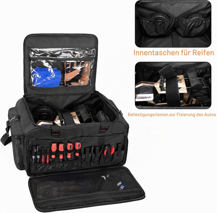 DSLEAF RC Aufbewahrungstasche für 1/8 oder 1/10 Auto, schützende RC Tragetasche mit Mehreren Taschen