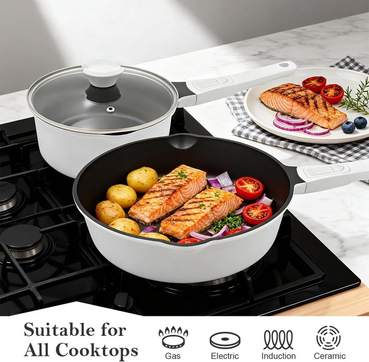 Pfanne 28cm mit Deckel, Aluminium Bratpfanne Hoher Rand mit Abnehmbarer Griff, Schmorpfanne 28 cm fü