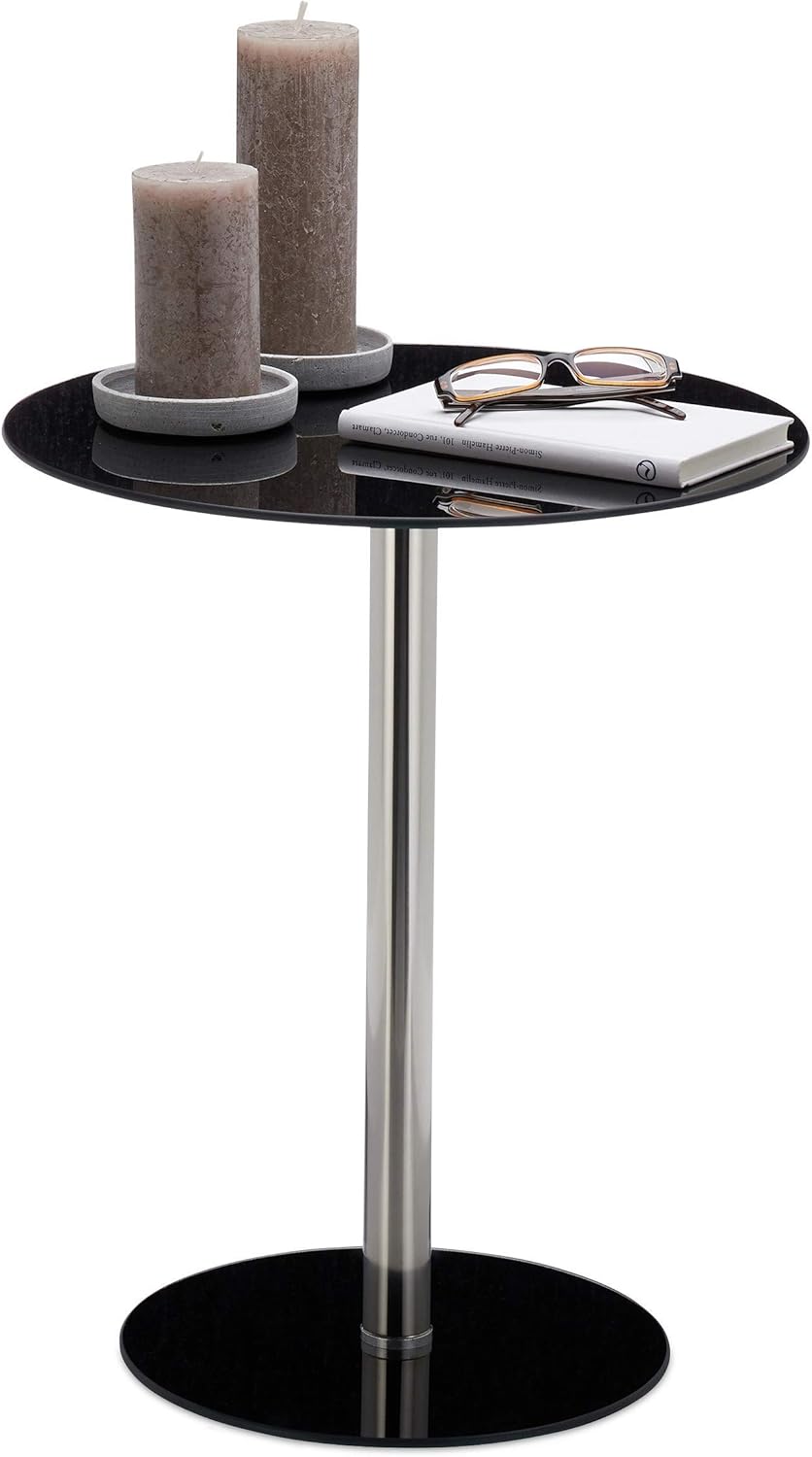 Relaxdays, Schwarz Runder Beistelltisch aus Glas und Edelstahl, dekorativer Loungetisch, HxBxT: 53 x