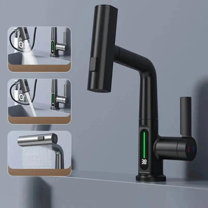 Wasserhahn Küche mit Temperaturanzeige, Hochdruck Wasserfall Küchenarmatur Ausziehbar,Einhebel Misch