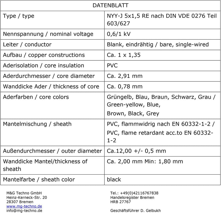 M&amp;G Techno 25m NYY-J 5x1,5 mm² Erdkabel Elektrokabel Beton und Freien Kupfer Made in Germany Schwarz