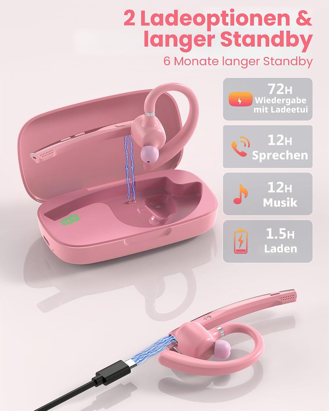 New Bee Bluetooth Headset mit 72h Spielzeit Bluetooth V5.1 Freisprech Headset Handy mit LED Ladecase