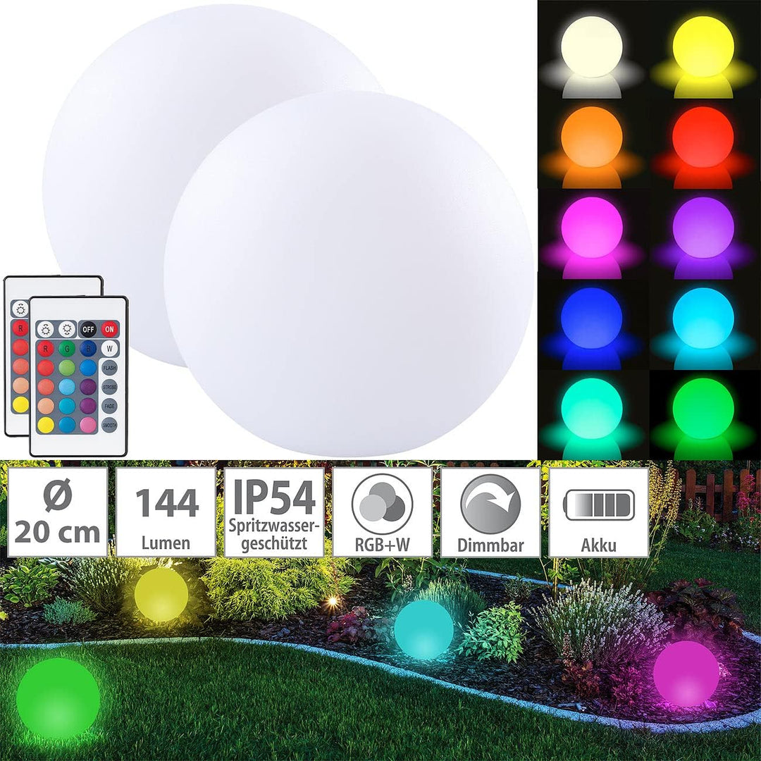 Lunartec Leuchtkugel LED: 2er-Set Akku-Leuchtkugeln für innen und aussen, Ø20 cm, IP54, RGBW-LED (St