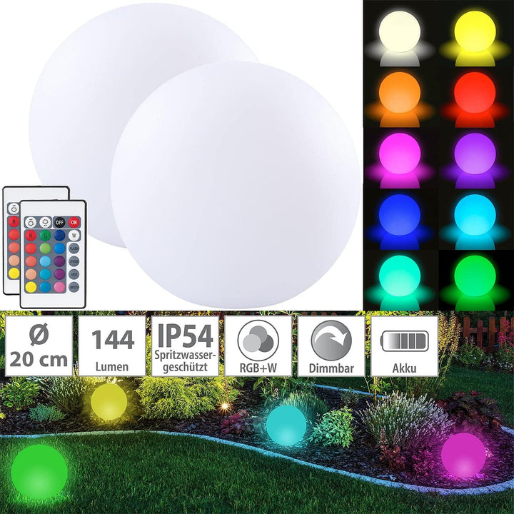 Lunartec Leuchtkugel LED: 2er-Set Akku-Leuchtkugeln für innen und aussen, Ø20 cm, IP54, RGBW-LED (St