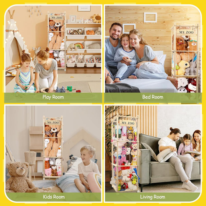 Holz Kuscheltier Aufbewahrung mit °Räder, 135 * 40 * 40cm Stofftier Aufbewahrung für Kuscheltiere, A