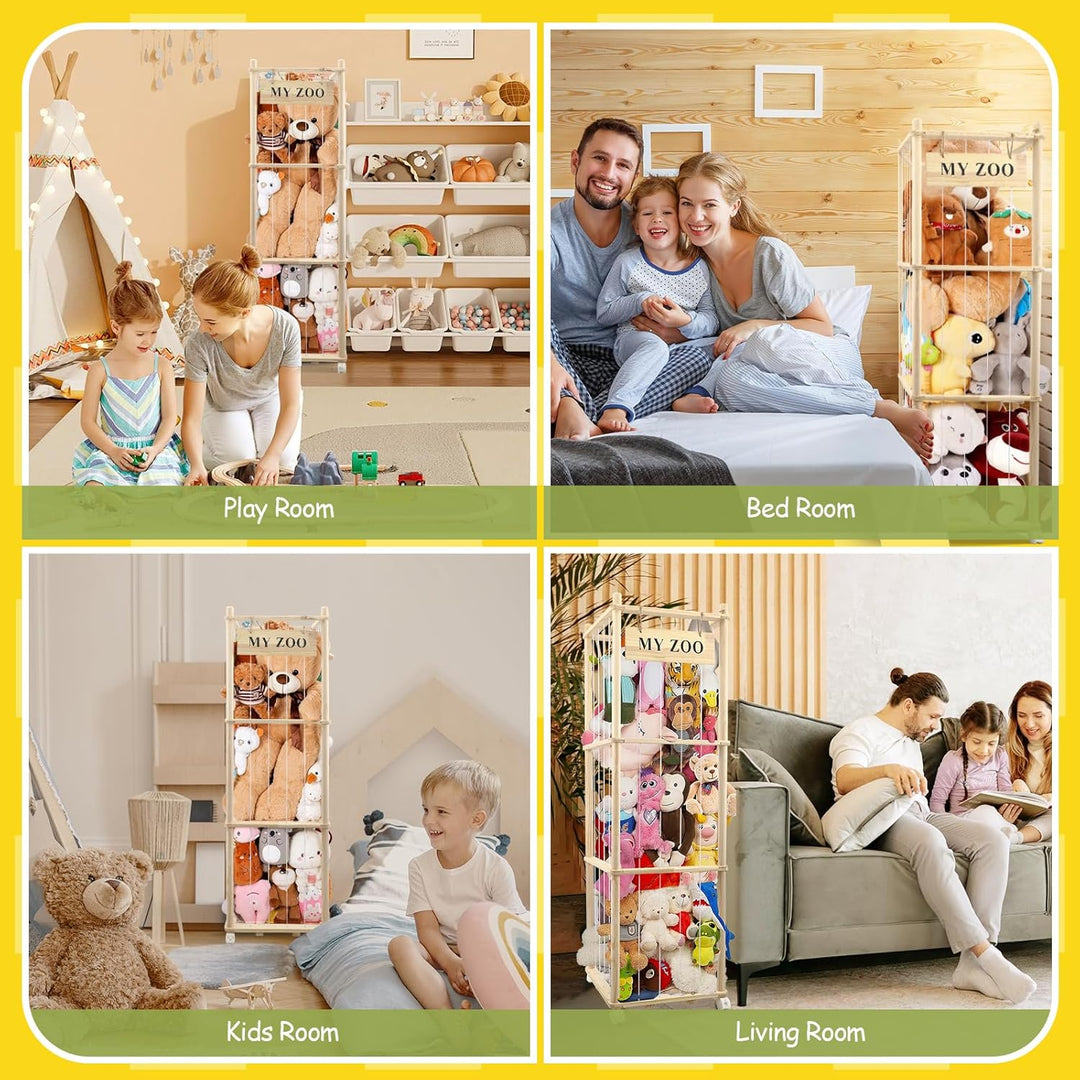 Holz Kuscheltier Aufbewahrung mit °Räder, 135 * 40 * 40cm Stofftier Aufbewahrung für Kuscheltiere, A