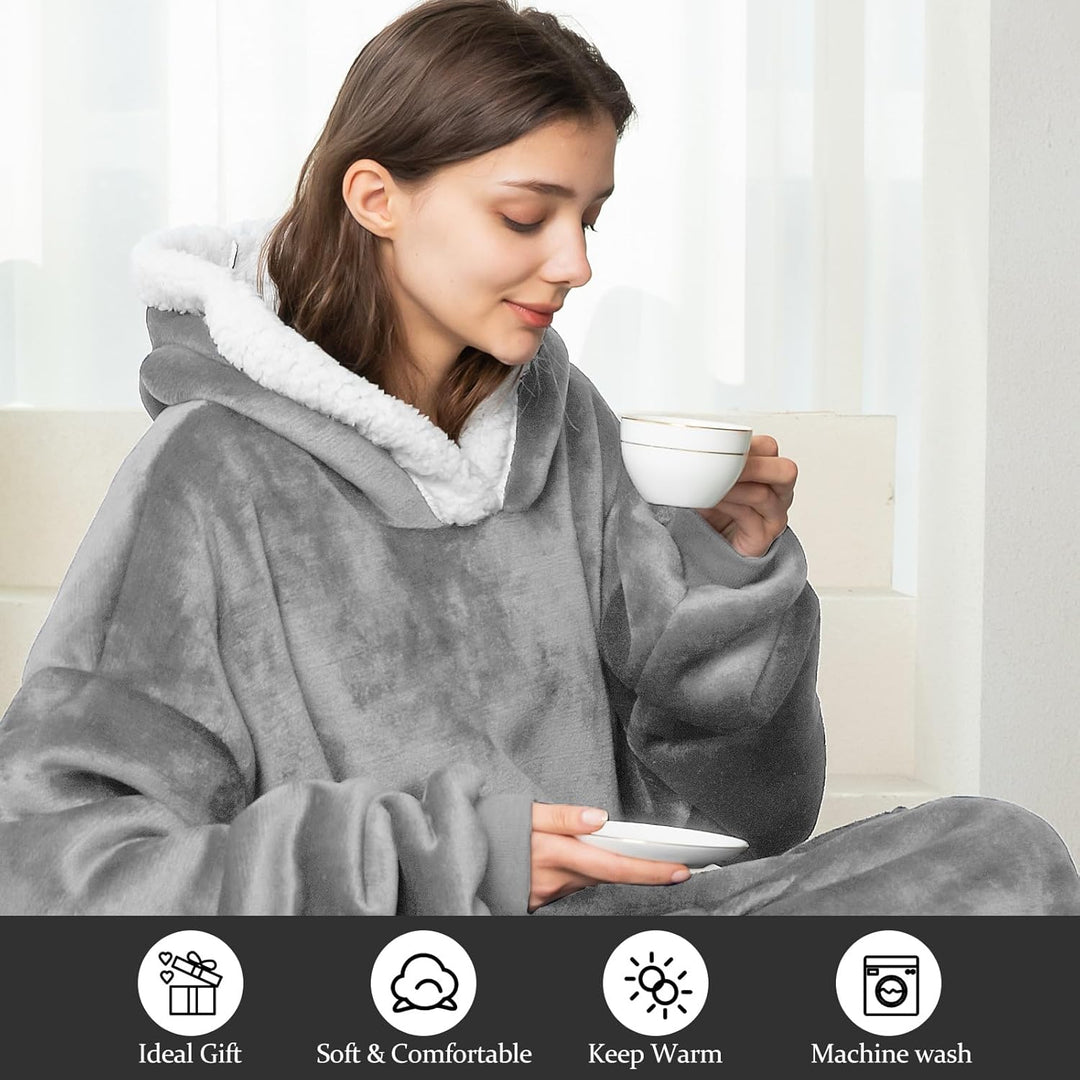 FEELJAM Decke mit Ärmeln und Kapuze kuscheldecke hoodie Grau Wärme Decke Hoodi, 80 x 180 cm ärmeldec