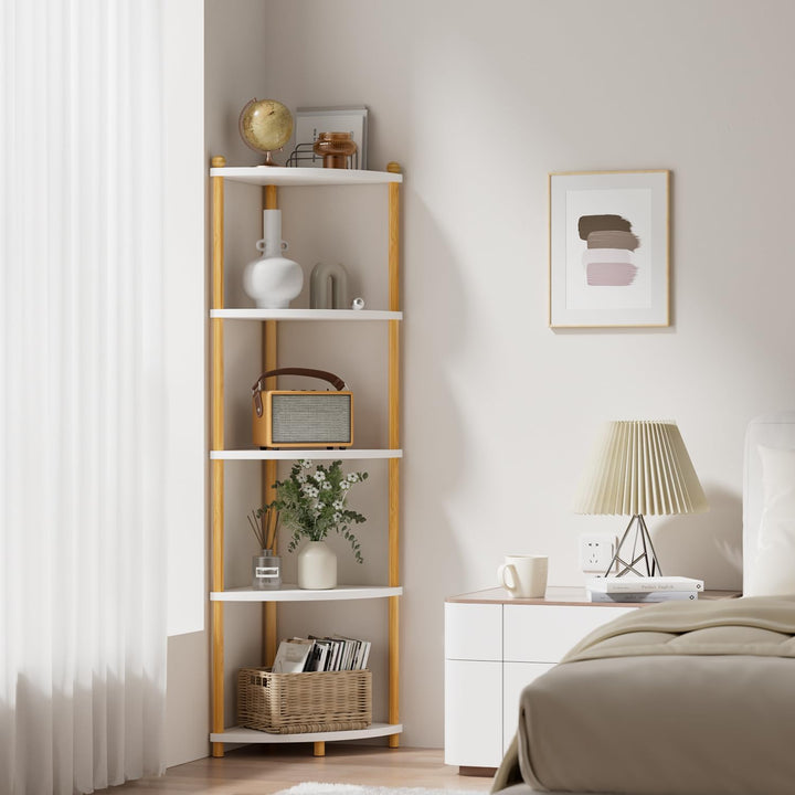 Ruichang Eckregal stehend mit 5 Ebenen, bücherregal Holz, Standregal, Aufbewahrungsregal, Lagerregal