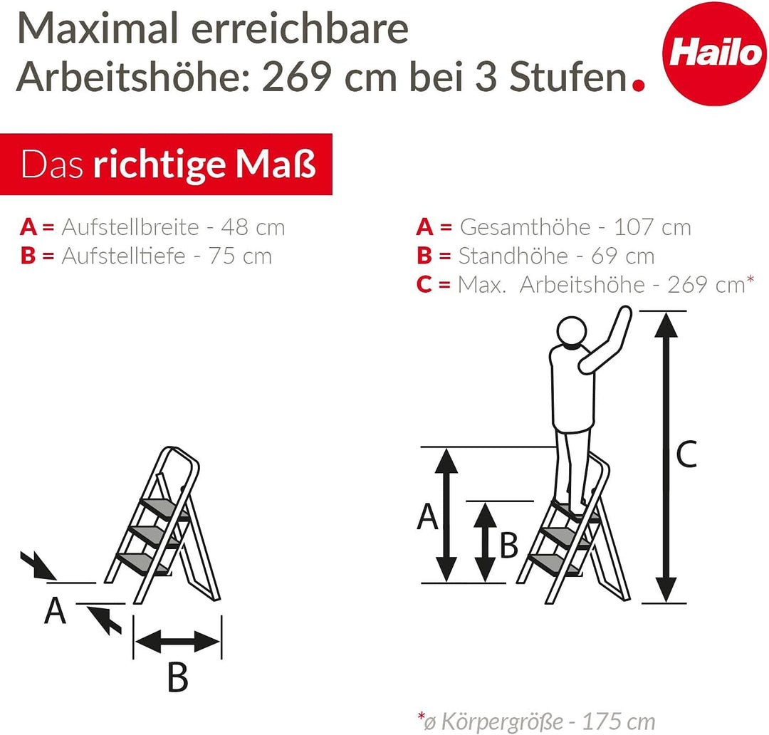 Hailo HobbyStep Stahl-Klapptritt-Leiter - 3 breite Stahl-Stufen mit Anti-Rutsch-Matten belastbar bis