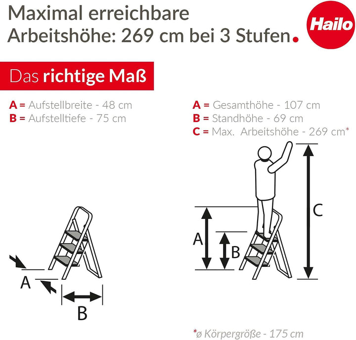 Hailo HobbyStep Stahl-Klapptritt-Leiter - 3 breite Stahl-Stufen mit Anti-Rutsch-Matten belastbar bis