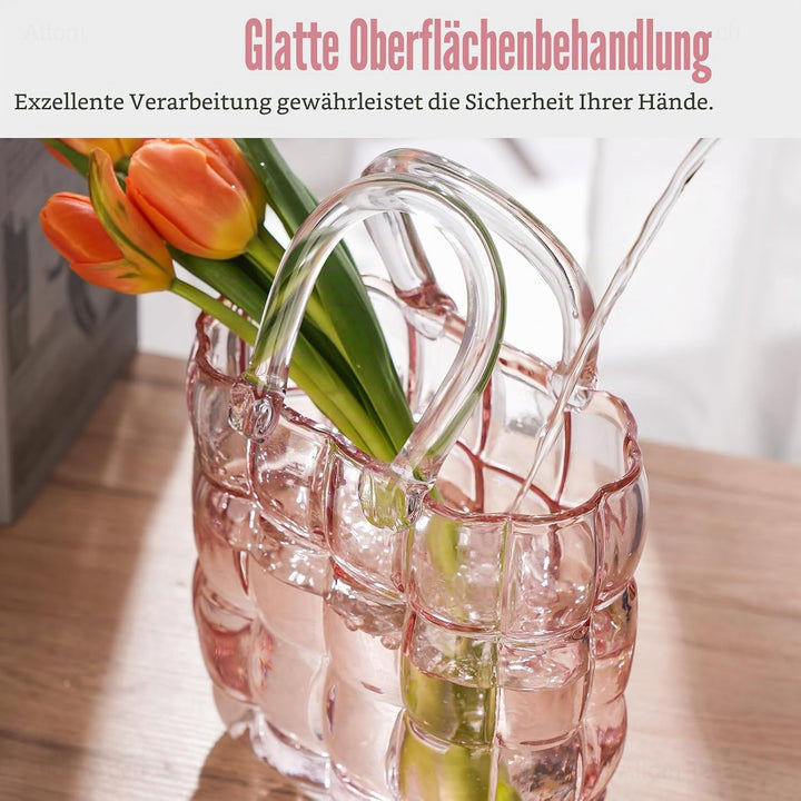 NiHome Glas-Geldbörsen-Vase, rosa Glas-Taschen-Vase mit Griff, Handtaschen-Form, Vase für Blumen, Ba