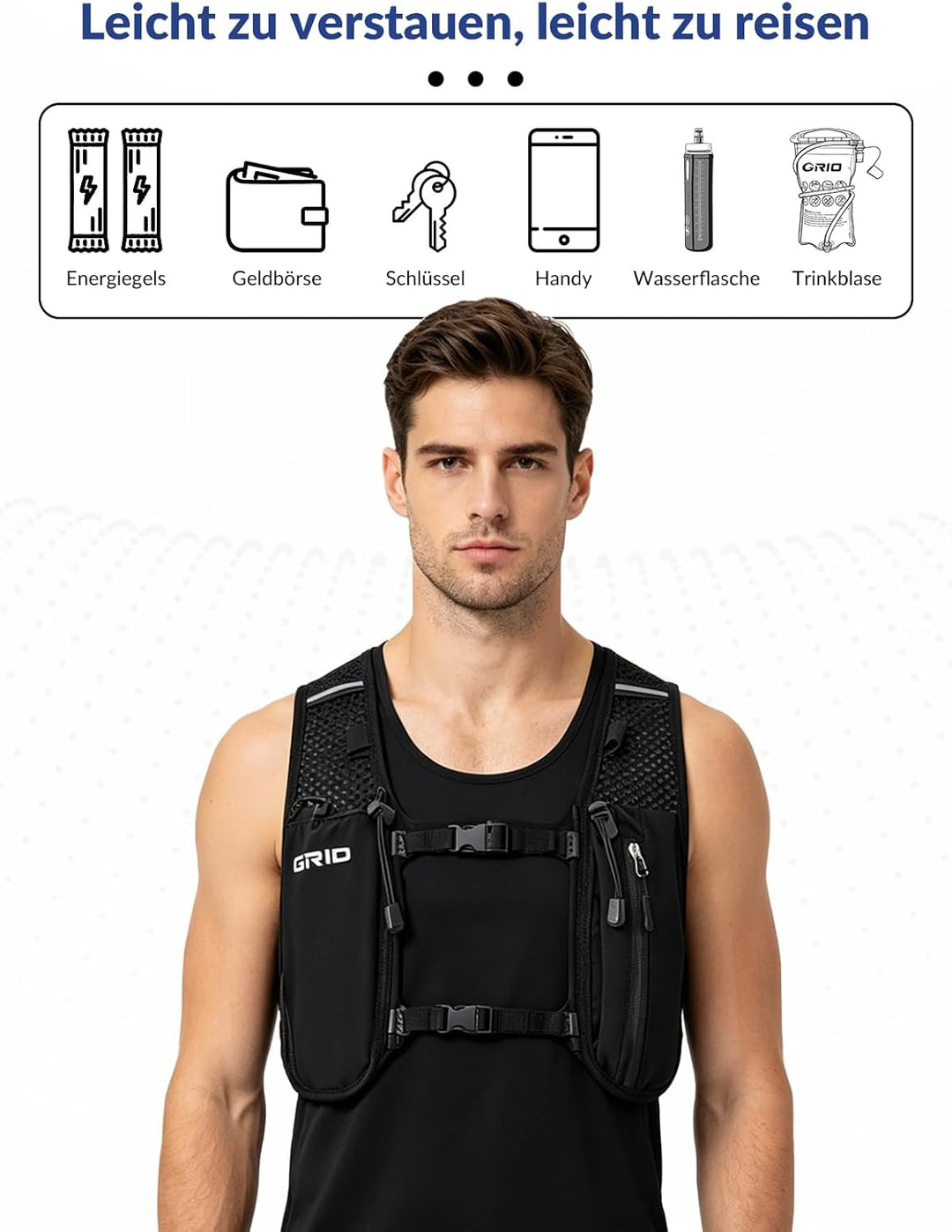 GRIO Laufweste mit 1.5L Trinksystem, Leichte Hydration Weste für Damen & Herren, Atmungsaktiv & Refl