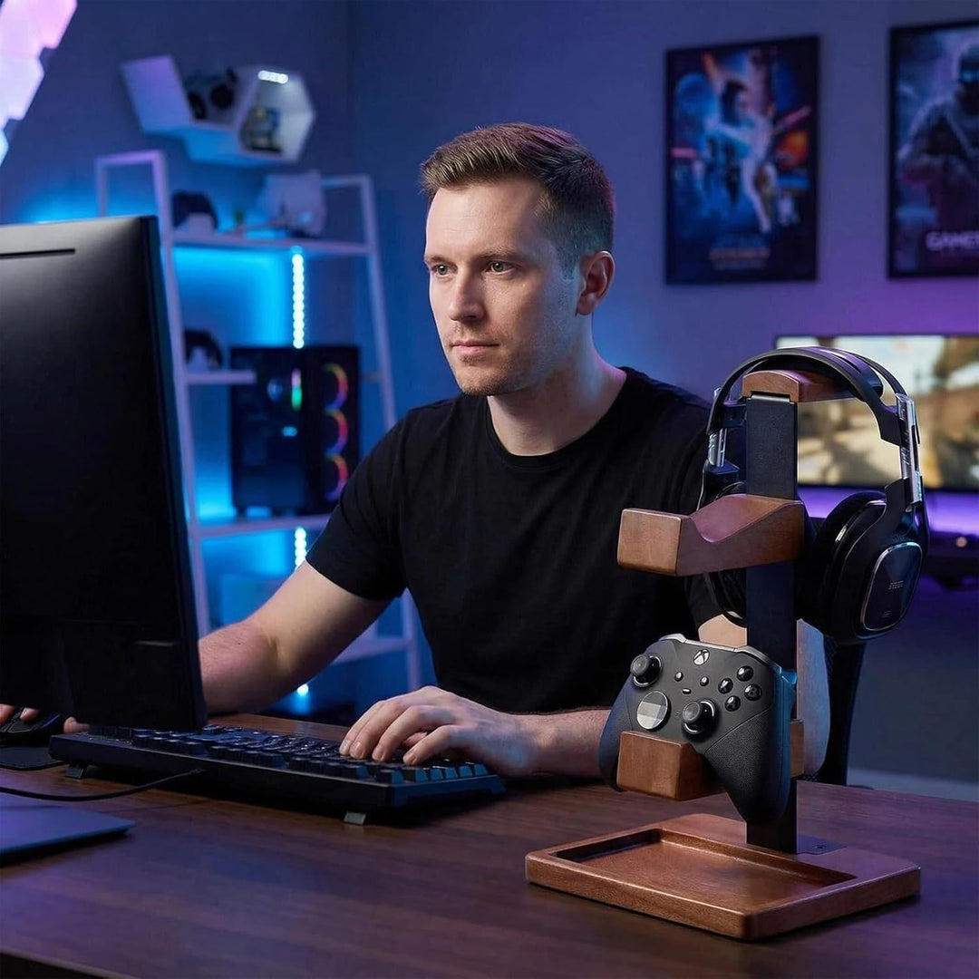Acidea Massivholz-Controller-Halter und Headset-Ständer, Dual-Gaming-Controller-Ständer, Spielausrüs