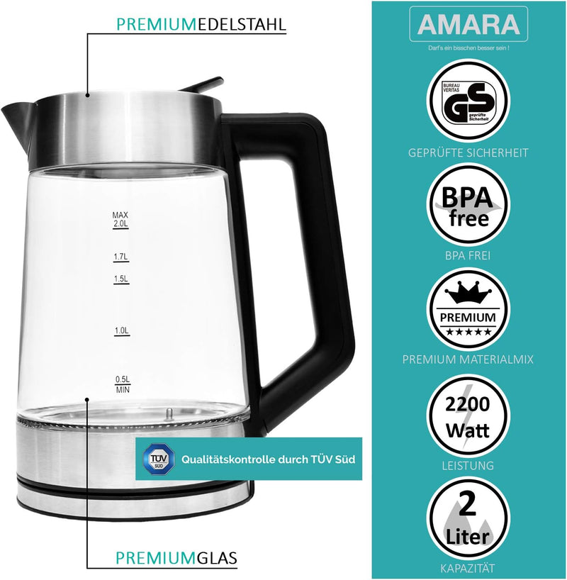 AMARA Wasserkocher Glas mit Temperatureinstellung 2200 Watt 2L besonders leise I Wasserkocher Temper