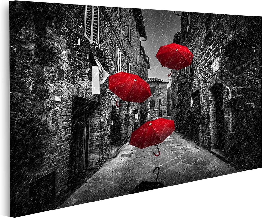 islandburner Bild auf Leinwand Regenschirme Wind Regen Dunkle Enge Strasse Italienische Stadt Toskan