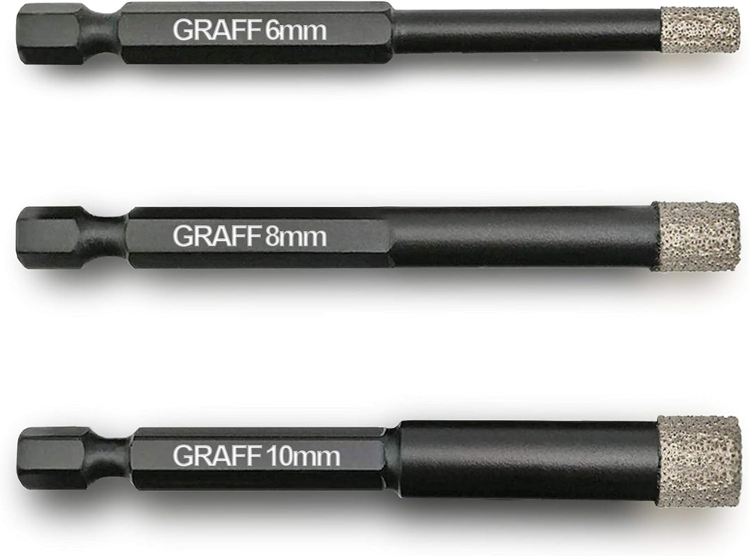 GRAFF Diamantbohrer Fliesenbohrer Set 6 I 8 I 10 mm für Fliesen Glas Кeramik Granit Stein - Feinstei